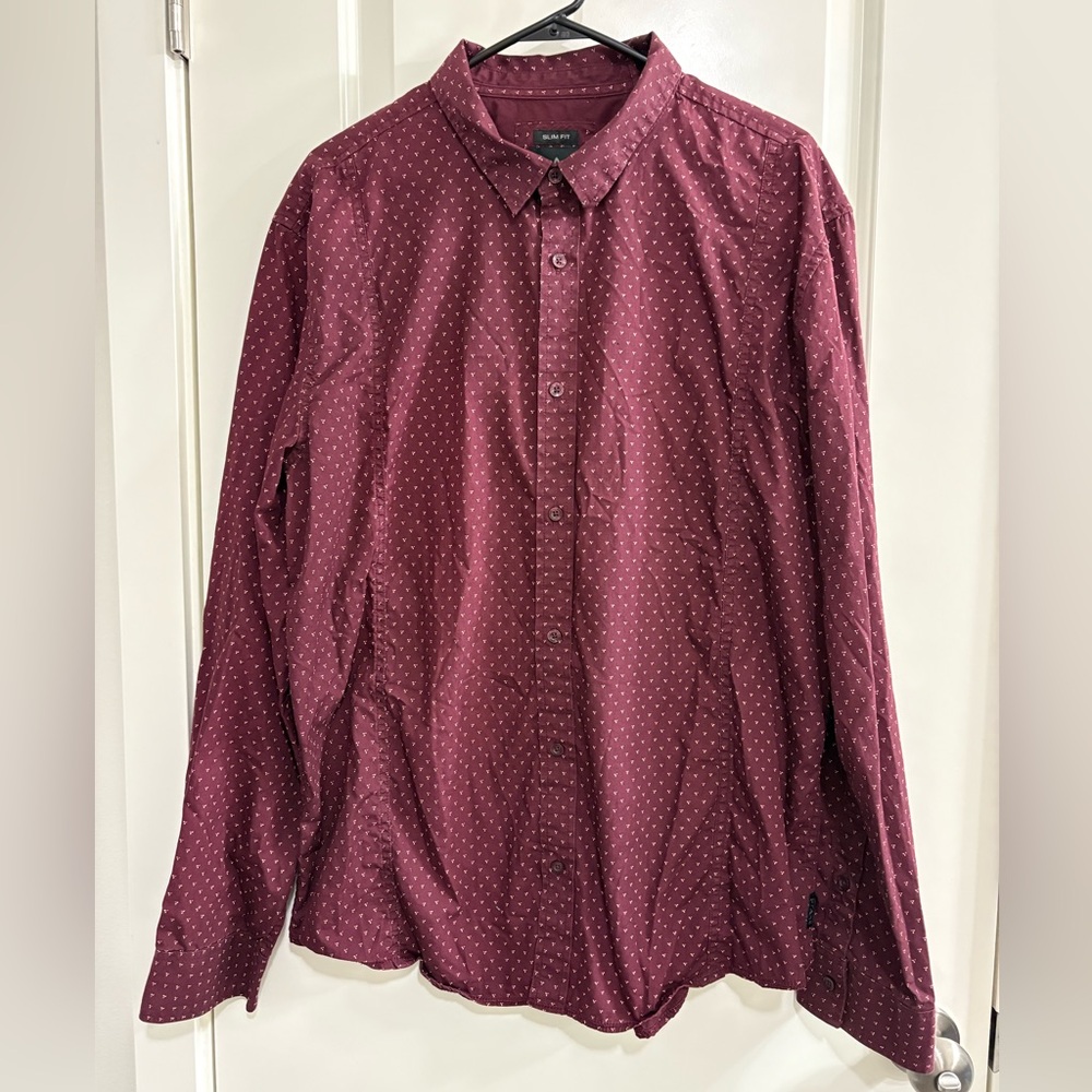 Prana Men's Maroon Patterned Button Down Organic Cotton Shirt